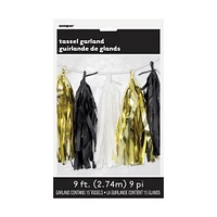 Gold, Black, and White Tissue Paper Tassel Garland, 9 ft.