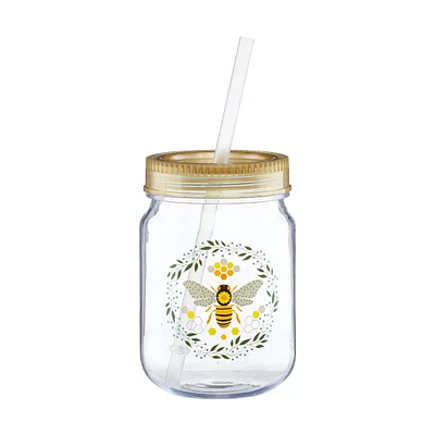 Bee Patterned Mason Jar with Lid and Straw, 12 oz.