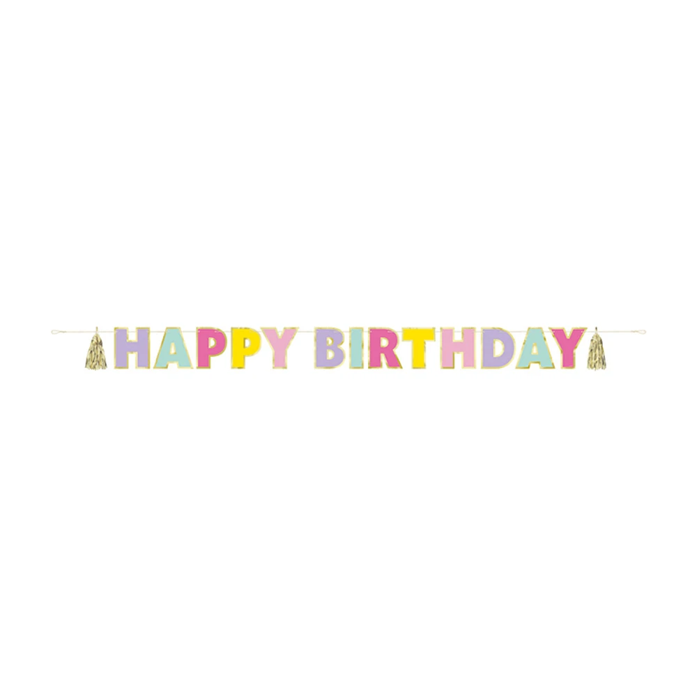 7.25 ft Foil Gold and Rainbow Pastel “Happy Birthday” Banner with Tassels