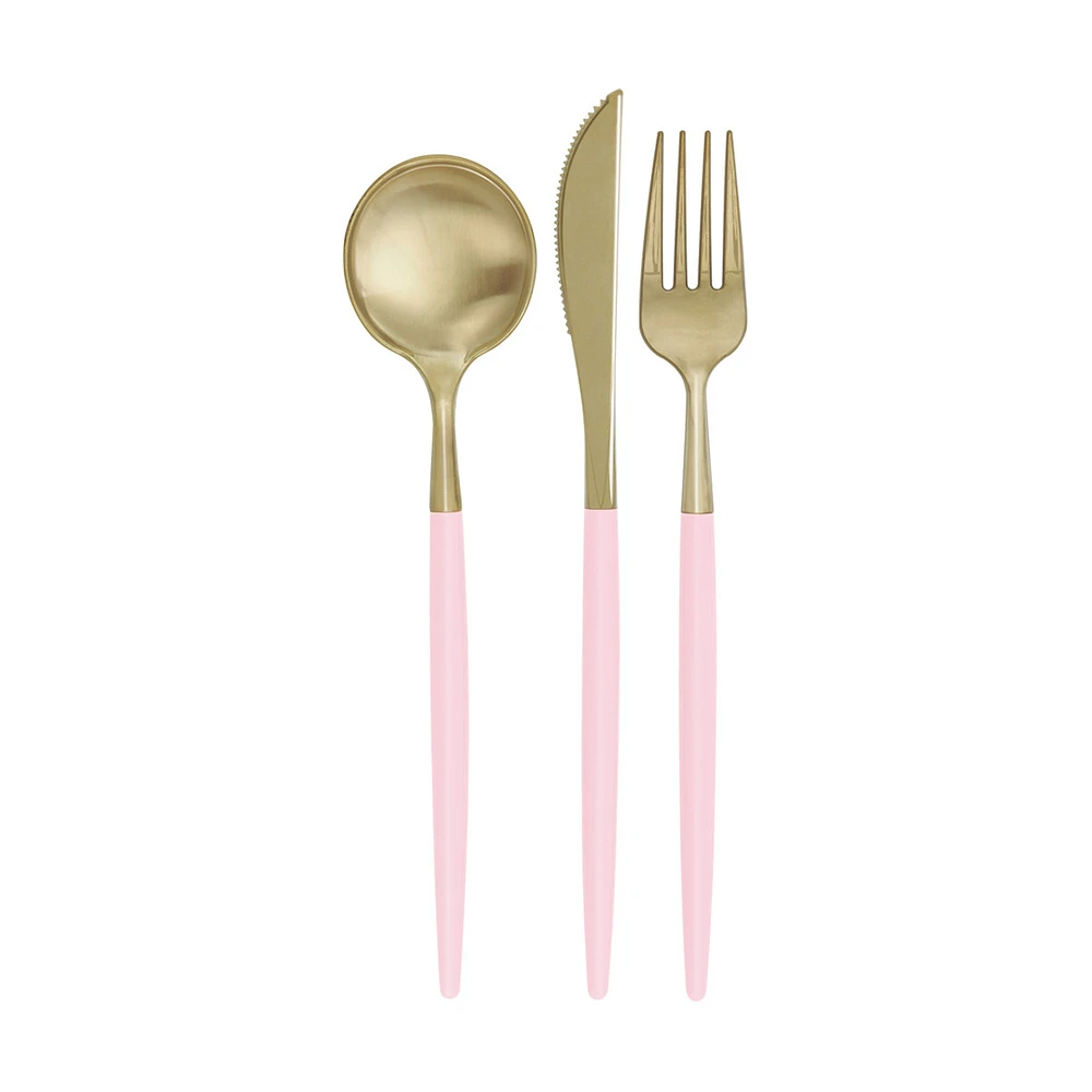 Assorted Plastic Cutlery Set for 4, Light Pink and Metallic Gold