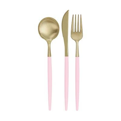 Assorted Plastic Cutlery Set for 4, Light Pink and Metallic Gold