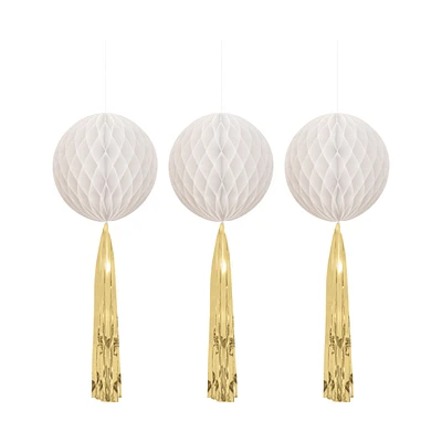 White Honeycomb Balls with Foil Tassel Tails, 3 ct, 8 in