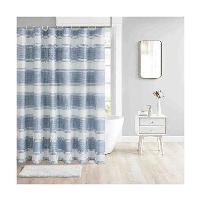 White Striped Oxford Fabric Shower Curtain Set with 12 C-Rings