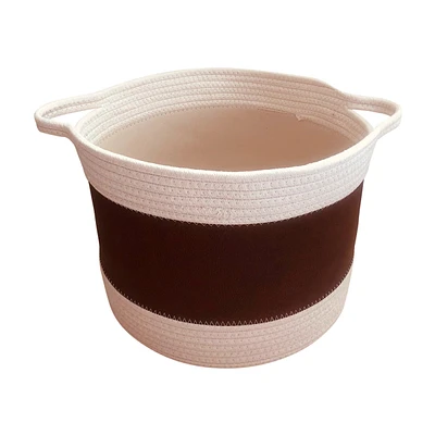 Cotton Rope & Faux Leather Round Storage Basket with Handles