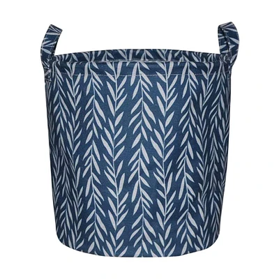 Navy Blue Leaf Printed Round Storage Basket with Handles, Extra Small