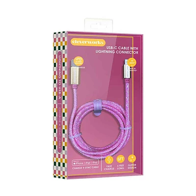 Cleverworks Lightning to USB-C Cable, 6 ft, Glitter