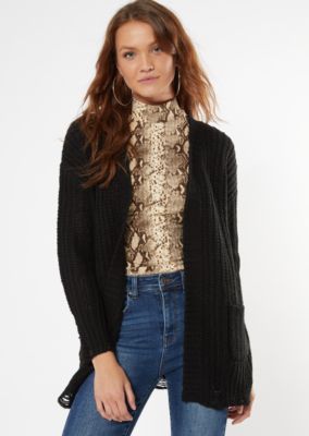 Black Distressed Open Front Cardigan