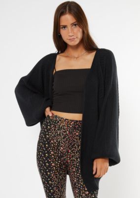 Black Soft Open Front Bubble Sleeve Cardigan
