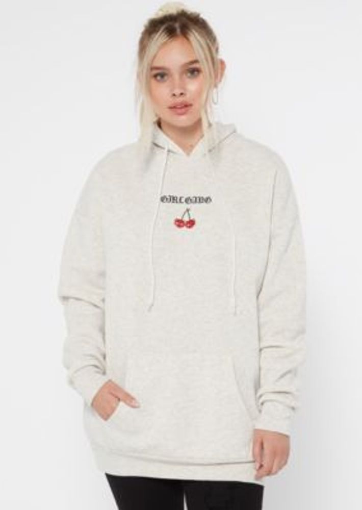 Heather Gray Girl Gang Embroidered Oversize Hoodie