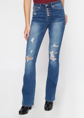 Medium Wash Ripped Button Front Flare Jeans