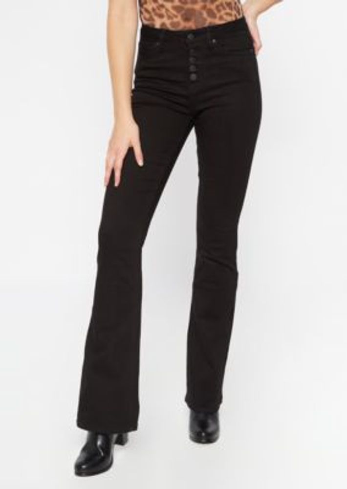 Black High Waisted Button Front Flare Jeans