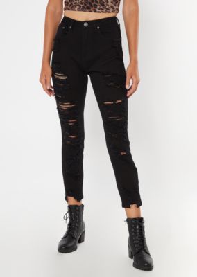 Black High Waisted Ripped Ankle Mom Jeans