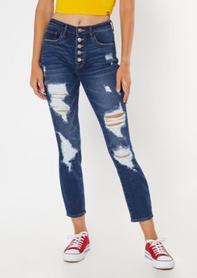 Dark Wash Button Fly Ripped Mom Jeans