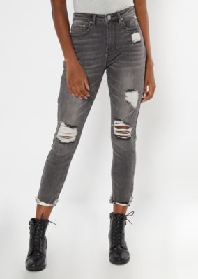 Gray Ripped High Waisted Cuffed Mom Jeans
