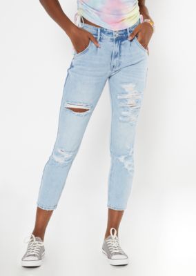 Light Wash Ripped Double Button Ankle Mom Jeans