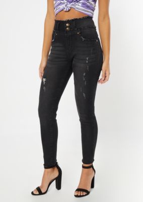 Medium Wash Frayed Button Down High Rise Skinny Jeans