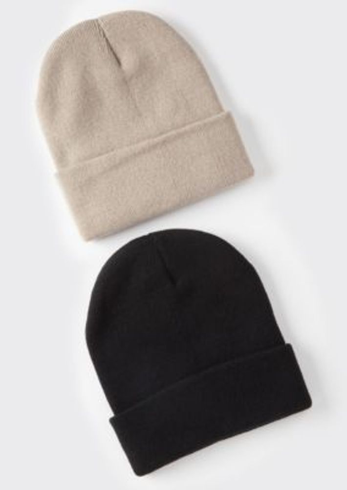 2-Pack Black And Taupe Essential Beanie Set
