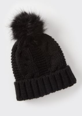 Gray Cable Knit Faux Fur Pom Beanie