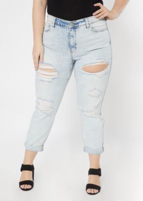 Plus Cello Light Wash Distressed Rolled Mom Jeans
