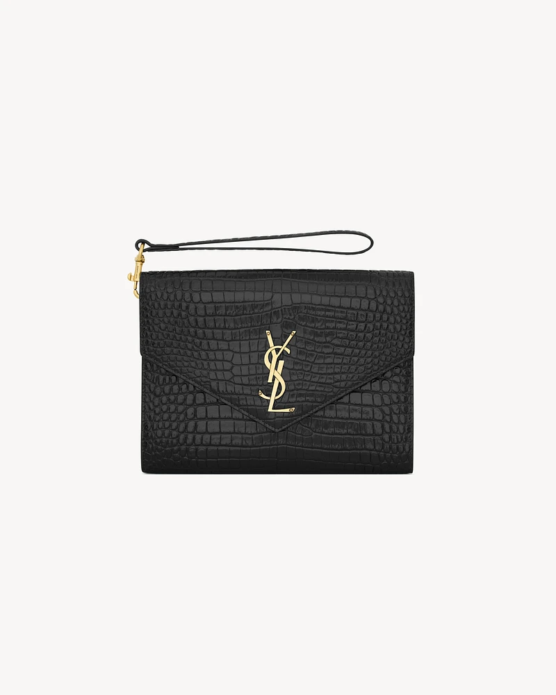 CASSANDRE flap pouch in crocodile-embossed shiny leather
