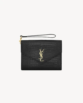 CASSANDRE flap pouch in crocodile-embossed shiny leather
