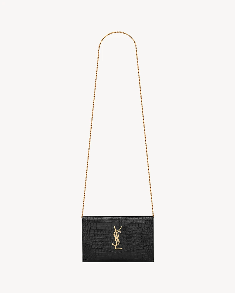 Uptown chain wallet in shiny crocodile-embossed leather