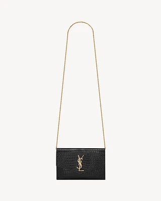 Uptown chain wallet in shiny crocodile-embossed leather