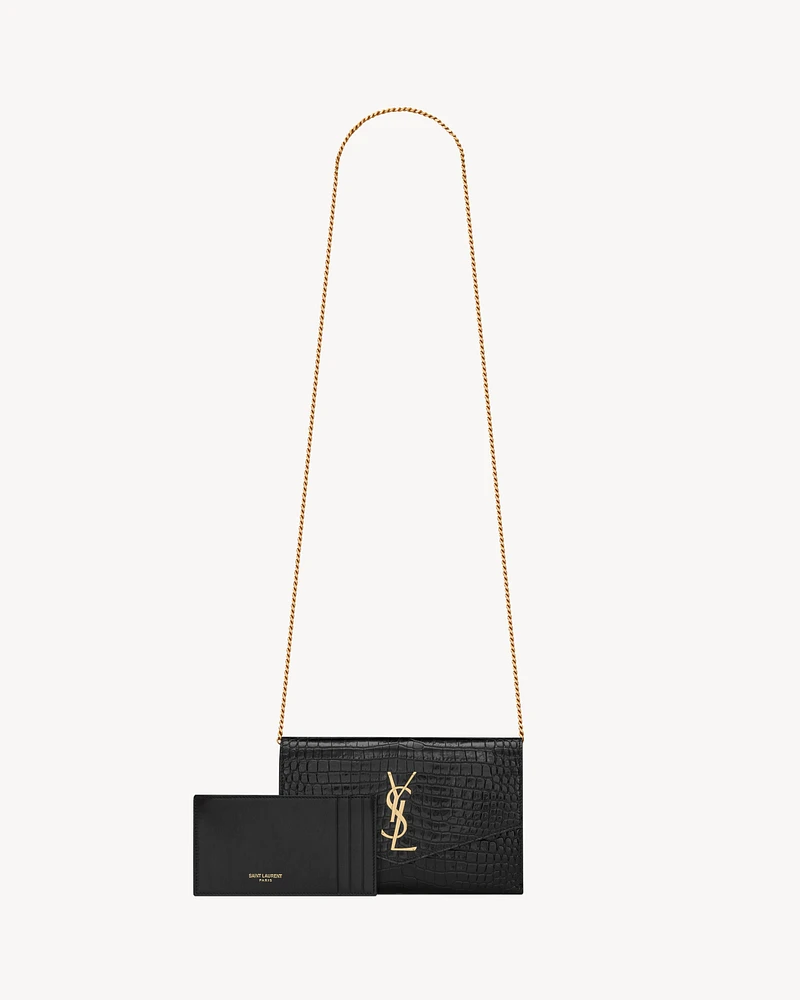 Uptown chain wallet in shiny crocodile-embossed leather