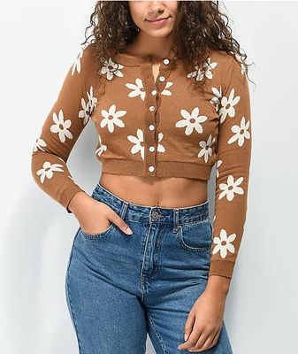 Daisy Street Flower Tan Crop Cardigan Sweater