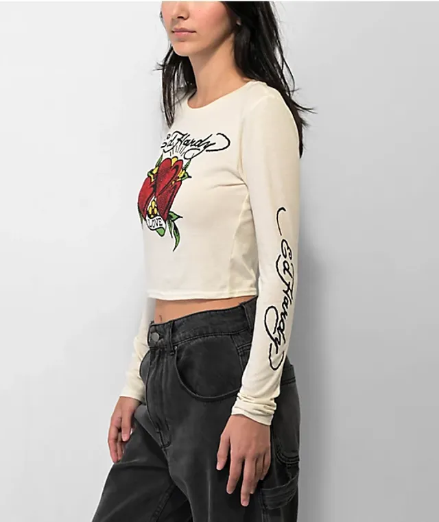 Ed Hardy Flaming Tiger Black Long Sleeve Crop T-Shirt