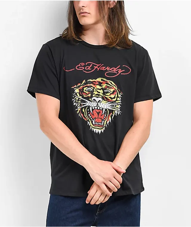 BOSS - Cotton T-shirt with tiger graphic and rhinestone logo
