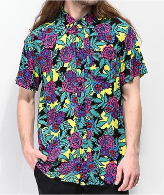 Empyre Floral Black, Yellow & Teal Woven Short Sleeve Button Up Shirt