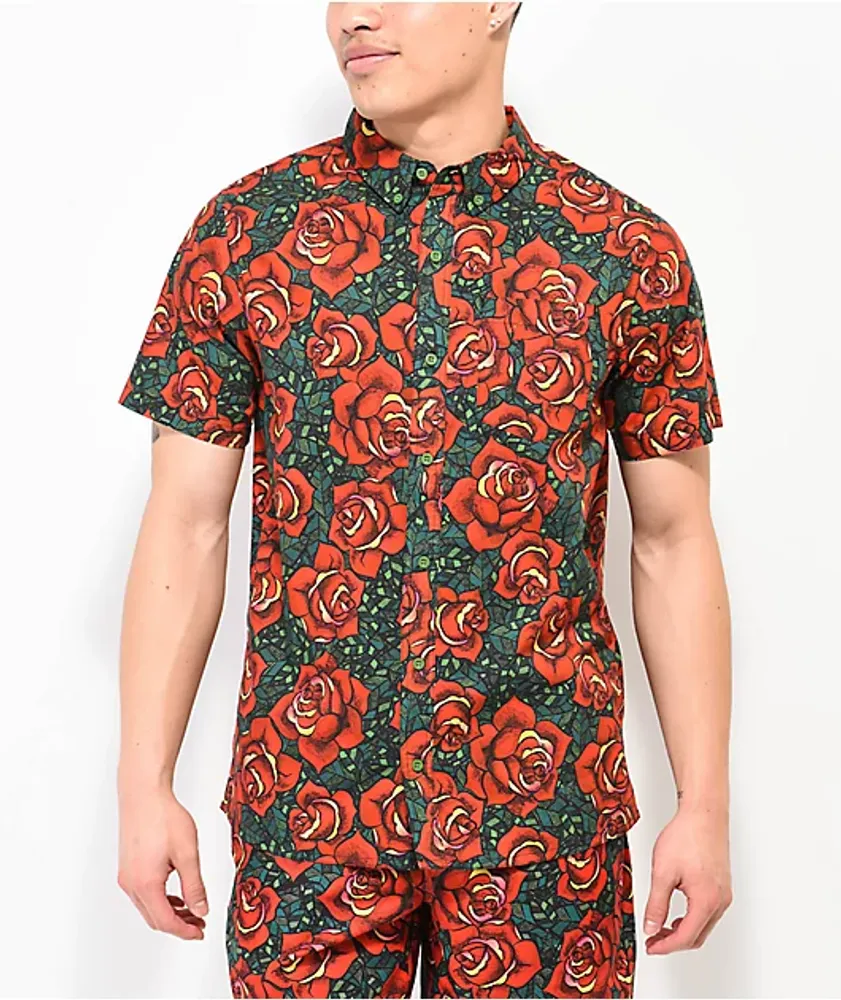 Empyre Tate Roses Black & Red Short Sleeve Button Up Shirt