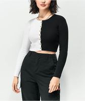 Ethos Button Down Black & White Crop Cardigan Sweater