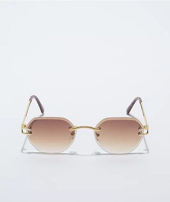 Gold & Brown Frameless Hexagonal Sunglasses