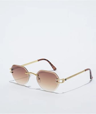 Gold & Brown Frameless Hexagonal Sunglasses