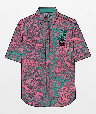 Killer Acid x Santa Cruz Peace Hand Pink Short Sleeve Button Up Shirt