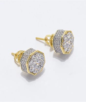 King Ice Hexagon Gold Stud Earrings