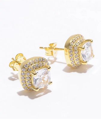 King Ice Iced Square Frame Gold Stud Earrings