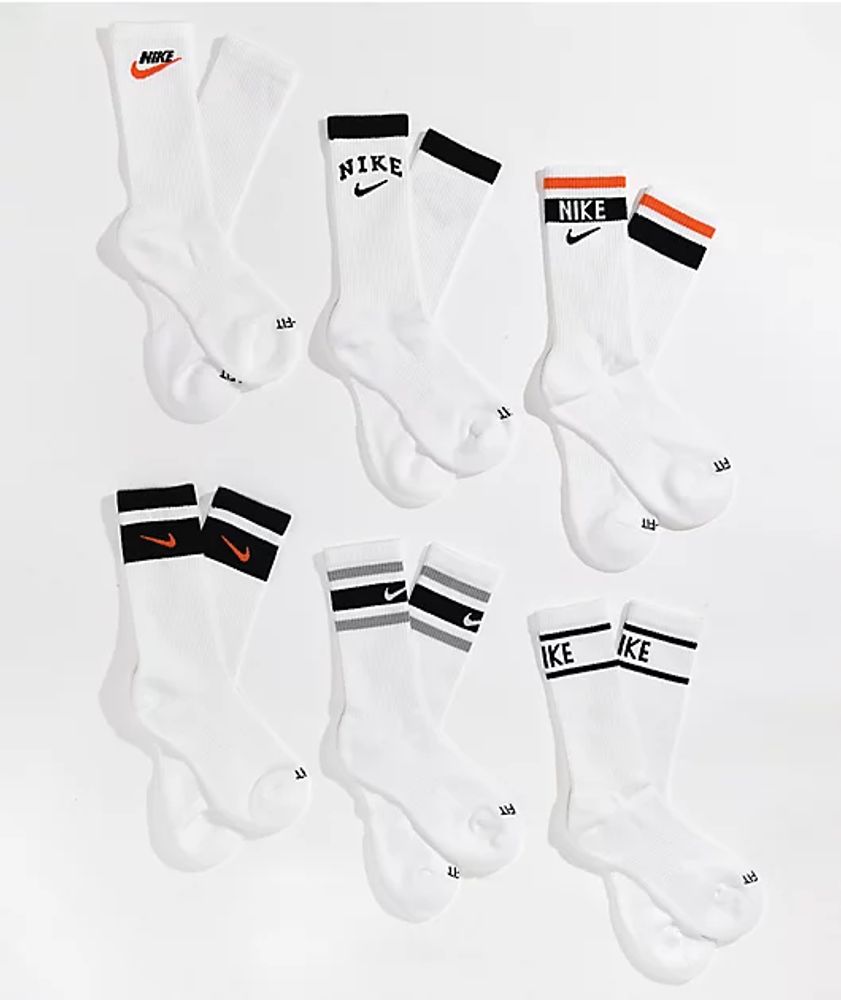 Nike Kids' Black, White, & Orange 6 Pack Crew Socks