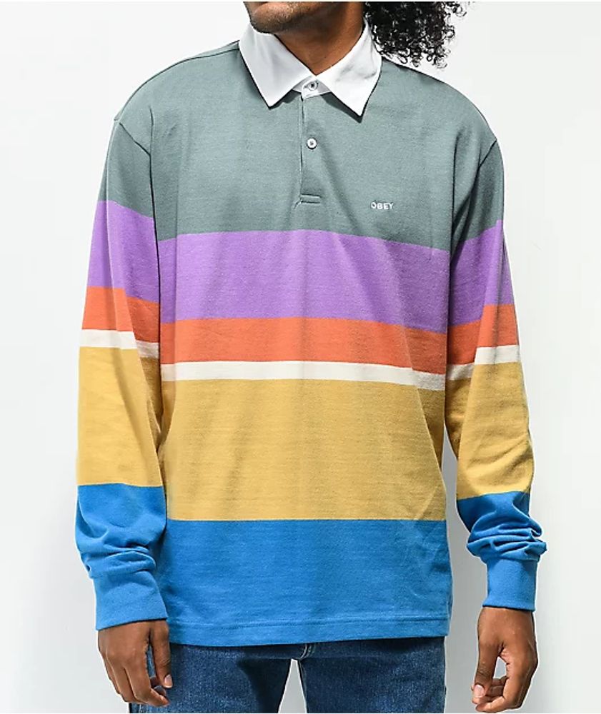 Obey Earl Multi Stripe Long Sleeve Polo Shirt