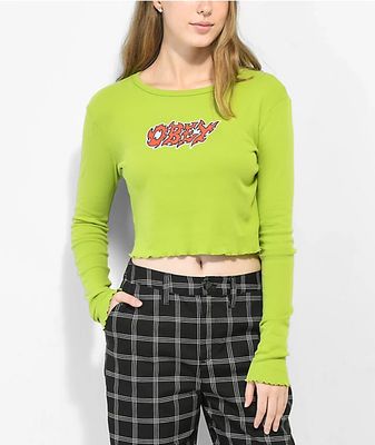 Obey Jess Flame Logo Green Long Sleeve Crop T-Shirt