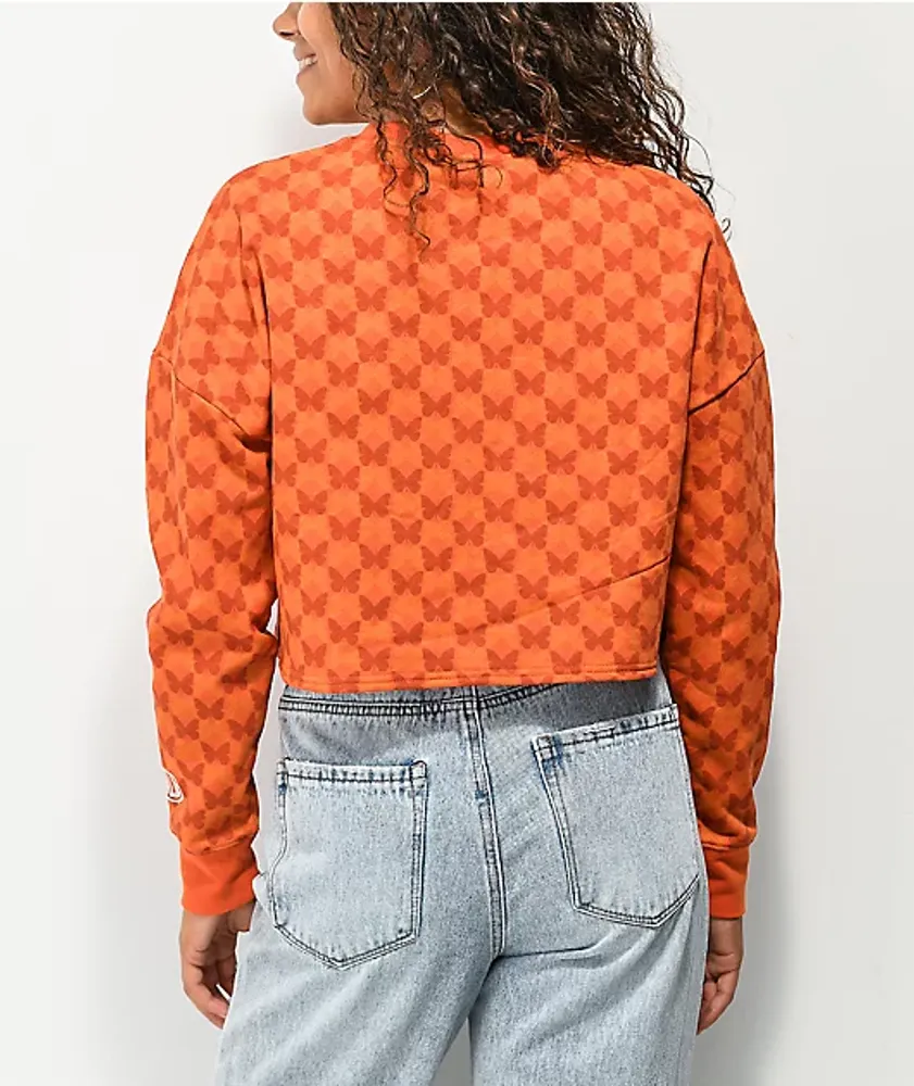 Petals by Petals and Peacocks Butterfly Checkered Orange Crop Crewneck  Sweatshirt