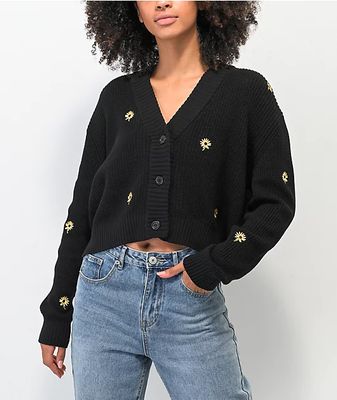 Petals by and Peacocks Flower Patch Black Crop Cardigan Sweater