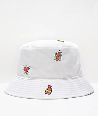 Quipster White Embroidered Bucket Hat