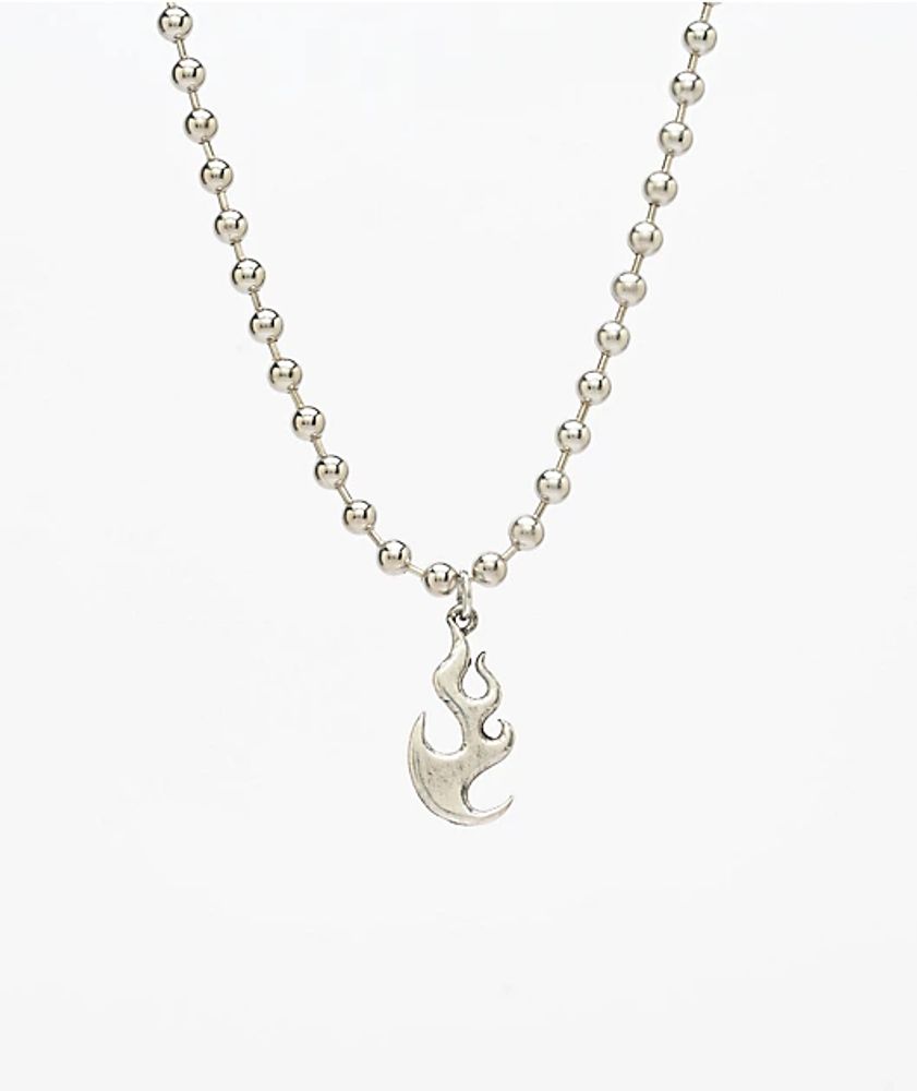 Stone + Locket Flame Ball Silver Chain Necklace