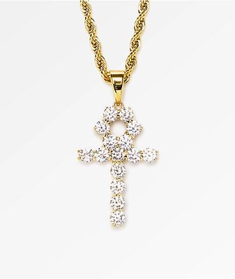 The Gold Gods Diamond Ankh Cross Pendant 22"  Necklace
