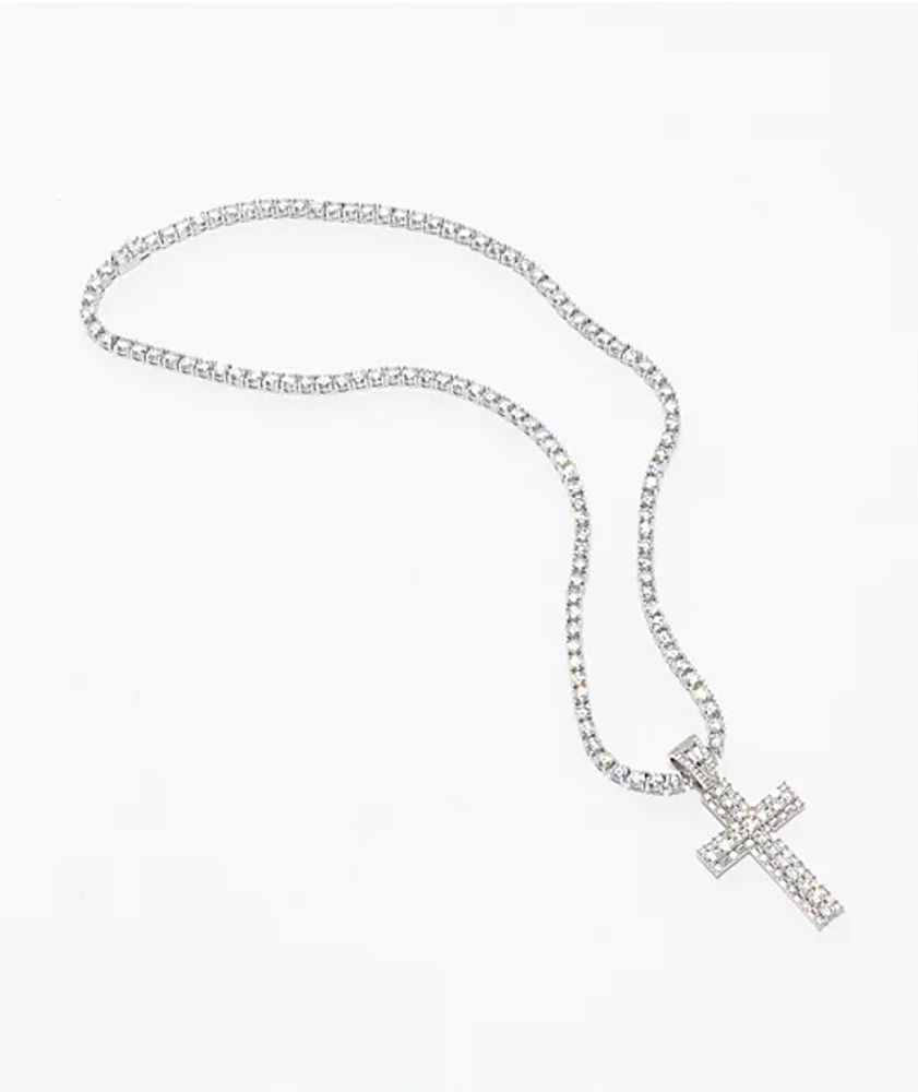 The Gold Gods Diamond Cross White Tennis Chain 20" Necklace