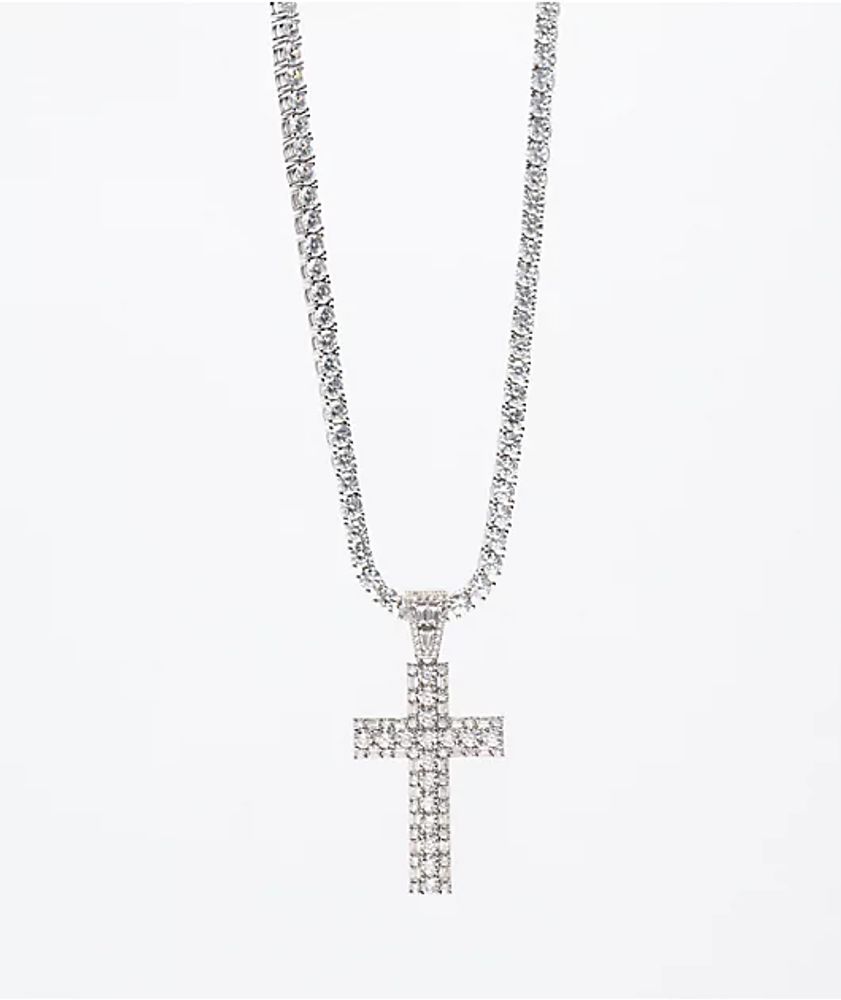 The Gold Gods Diamond Cross White Tennis Chain 20" Necklace
