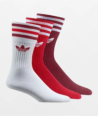adidas Solid White, Red & Burgundy 3 Pack Crew Socks